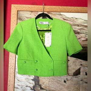 Zara Green Blazer Structured Short Sleeve